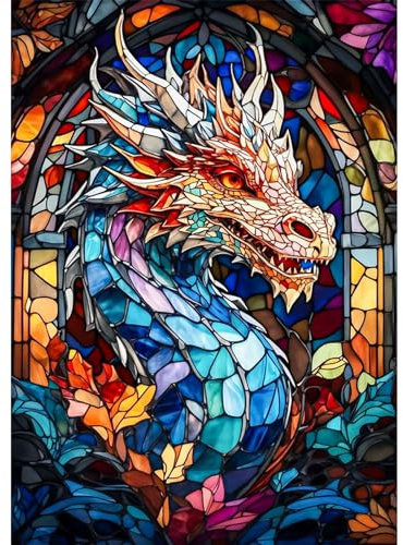 QENSPE 5D Diamond Painting Drache Diamant Painting Bilder Buntes Glas Diamond Art Erwachsene Full DIY Diamant Kunst Malerei Stickerei Set Kreuzstich Bilder Home Wand Dekor 30x40cm