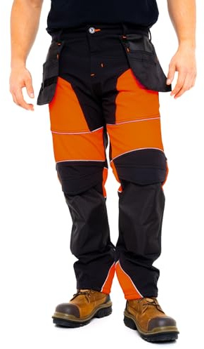 Sam Caan® Hi Vis Mens Work Trousers Softshell Men High Visibility Viz Reflective Water Resistant Cargo Rain Proof Repellent Windproof Safety Site Work Wear Builder Pants Workwear Holster Pocket