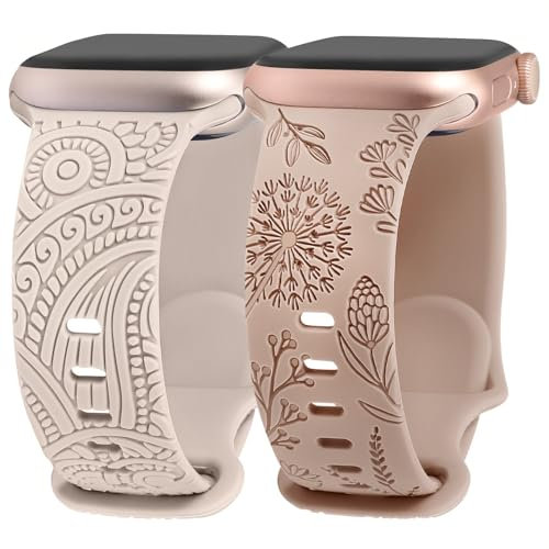 TOYOUTHS 2 Packs Floral Engraved Straps Compatible with Apple Watch Strap 41mm 40mm 38mm 42mm Women, Boho Silicone Henna Dandelion Cute Strap for iWatch Series 10/9/8/7/SE/6/5/4/3, Starlight/Nude
