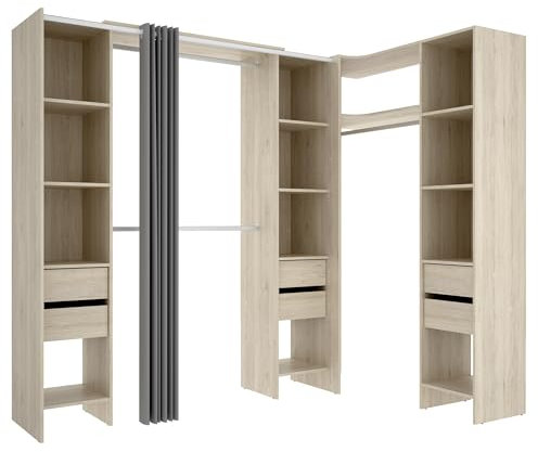 DEKIT GRUPO RIMOBEL SUIT - Conjunto de Vestidor rinconero con dos columnas, zona de barras y cortina - Natural - 205 x 164-234 x 141 cm