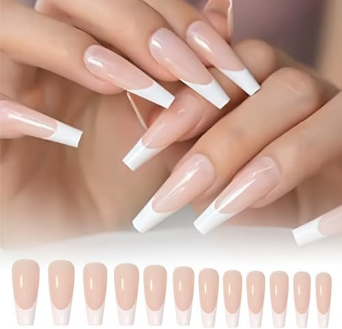 AUEFUDQ Auefudq 24 Stück Press On Nails Lang, Milky White French Künstliche Nägel, Coffin Kunstnägel Nägel Zum Aufkleben, Ballerina Fake Nails Fingernägel Für Frauen