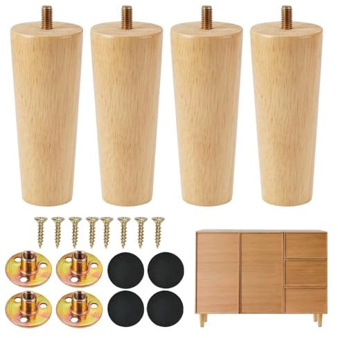 4 Pieces Wood Furniture Legs, 12 cm Round Solid Couch Legs Mid-Century Modern Wooden Replacement Feet with Threaded Hanger Bolts & Mounting Plate & Screws for Armchair Recliner Coffee Table Dresser