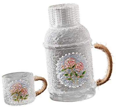Fonowx Jarra de Vidrio para refrigerador, Jarra de Agua, dispensador de Bebidas con Taza para Bebidas de café y, Rosa