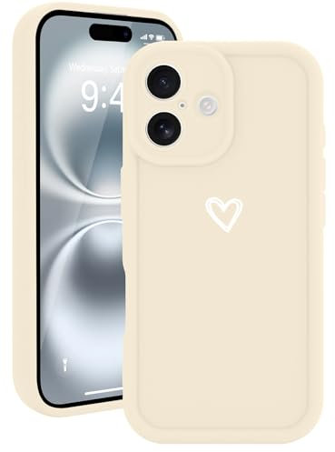 Micoden for iPhone 16 Case Cute Girls Silicone Shockproof Protective Bumper Case with Love Heart Pattern Design for iPhone 16-Cream
