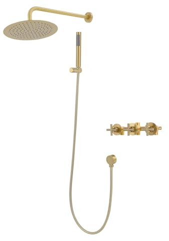 LENDISIY Système de douche, encastré, à effet pluie, avec douchette à main et douchette de tête, montage mural, doré