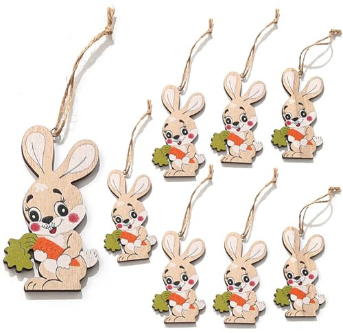 YIEUR 8 Stücke Ostern Anhänger Hase aus Holz, 8cm Osterhasen zum aufhängen mit Schnur Ostern Deko, Osteranhänger Holz für Draußen Tischdeko Garten Deko(Hase)