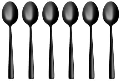 Stainless Steel Teaspoons Plated with Black Titanium, Black Tea Spoons with Mirror Polished Finish, Coffee Spoons with Modern and Elegant Design. Teaspoons Set of 6 with Comfortable Grip.