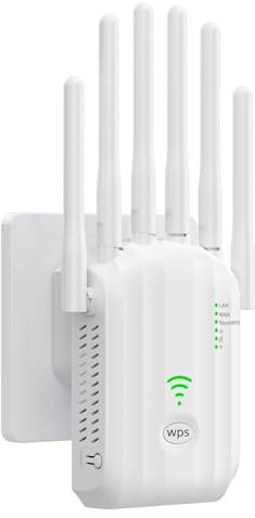 Repetidor WiFi, Potente Amplificador de Señal WiFi, 6 Antenas, 2 Puertos LAN, Extensor WiFi/Router/Repetidor/Ap Modo, Amplificador WiFi Que Cubre 1200Pies Cuadrados para Casa y Oficina -U20