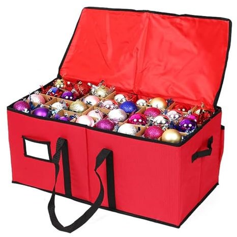 Highdi Weihnachtskugeln Aufbewahrung mit Verstellbaren Trennwänden, 128 Fächer Aufbewahrungsbox für Christbaumschmuck Faltbar mit Deckel Behälter für Urlaub und Zubehör (Rot,66 * 33 * 34cm)