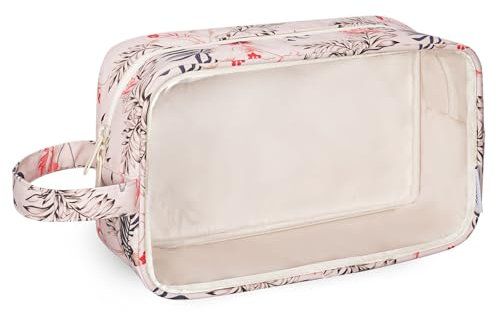 Narwey Kulturtasche Damen Kulturbeutel Klein Transparent Wasserdicht Kosmetiktasche Schminktasche Reise Toilettentasche (Beiger Flamingo-1)