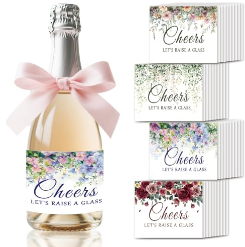 SUPERDANT 40 Pcs Cheers Wine Bottle Label Let's Raise a Glass Champagne Stickers Flowers Wine Bottle Sticker Champagne Covers for Baby Shower Birthday Wedding Party Decor Gift