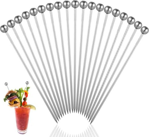 Tyqour 16 pinchos de acero inoxidable para cócteles plateados, 11 cm, reutilizables, de metal, para cócteles, cócteles, cócteles, sándwich, fiestas, bares, etc