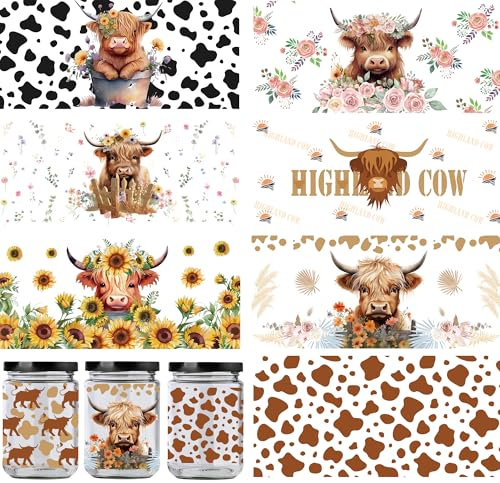Highland Cow Stickers Cup Wrap - 8 Sheets Rub On Transfers Stickers Craft UV DTF Cup Highland Cow Animal Sunflower Sticker Personalized Waterproof Water Bottle for Kids Girls Boys 16 Oz Glass Cups