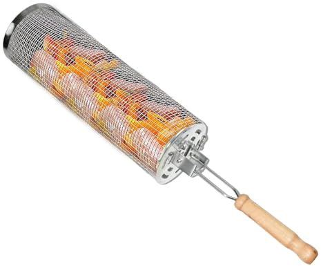 Grill Rotating Cage – Heavy Duty Outdoor Barbecue Basket Rotator, Mesh Drum BBQ Roller | Smoker Rack Tumbler, Stainless Rotisserie Tray for Chicken Steak Sausage Veggies Picnic Tailgate Deck Use
