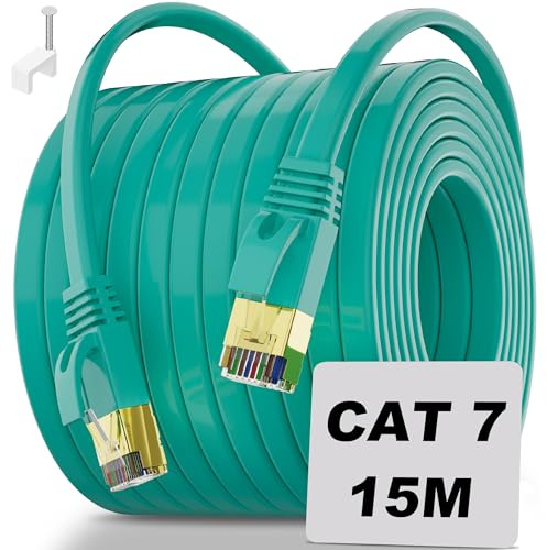 Soibke Cable Ethernet 15 Metros, Cat 7 Alta Velocidad Cable Lan Plano 10Gbps Cable de Red Exterior, Gigabit Blindado FTP RJ45 Cable Internet para Rúter Módem