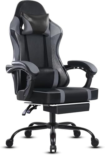 Sedia Gaming Ergonomica, Poltrona Gaming con Schienale Regolabile, Sedia da Gamer con Poggiatesta e Supporto Lombare, Sedia Gamer in Pelle Sedia Gaming con Poggiapiedi (Cuscino piatto, Grigio)