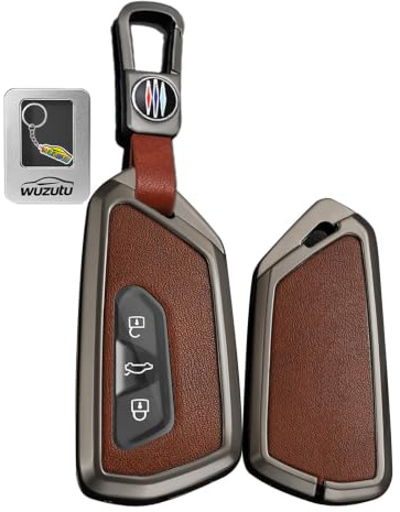 WUZUTU Leder Autoschlüssel Hülle Kompatibel mit VW Golf 8 Passat B9 Tiguan 2025 für Seat Leon MK4 2025 Metall Schlüsseletui mit Schlüsselanhänger Fernbedienung Schutz Etui 3 Tasten A-Schwarzbraun
