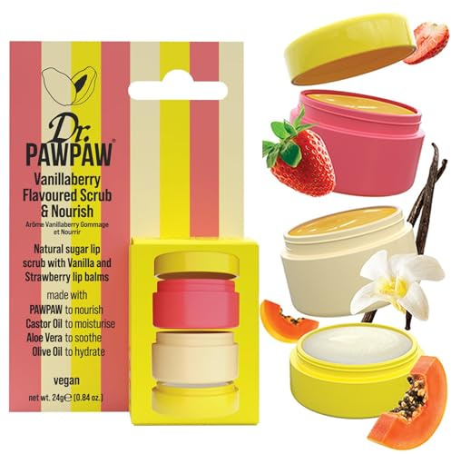 Dr.PAWPAW Scrub and Nourish Vanillaberry Lip Collection 24g | Natural Sugar Scrub with Vanilla and Strawberry Balms, Hydrating and Exfoliating Lip Care in a Stackable Pot