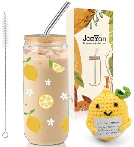 Joeyan Geschenkset Frauen für Freundinnen Freunde Kollegen Schwestern | 600ml Trinkglas mit Deckel und Strohhalm Zitronen-Motiv &Pocket Hug Positive Kartoffel Gehäkelte, Famili Motivationsgeschenke