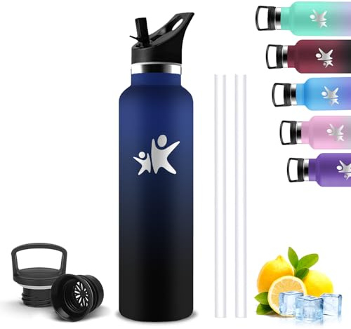 Trinkflasche Edelstahl, Trinkflasche 1l, BPA-Frei, Wasserflasche mit Strohhalm, Auslaufsicher, Wasserflasche Doppelwandig, Thermosflasche für Yoga, Kraftsport, Camping, Wandern, Alltag