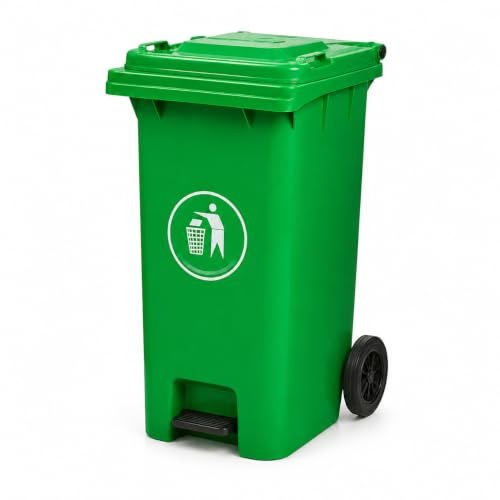 Large Wheelie Pedal Bin Heavy Duty Plastic Waste Bin with Wheels & Lid 100L&120L Rubber Wheels & Steel Axle Rubbish Waste Dustbin for Garden, Home, Office & Commercial Rubbish Bin (Green, 100L)