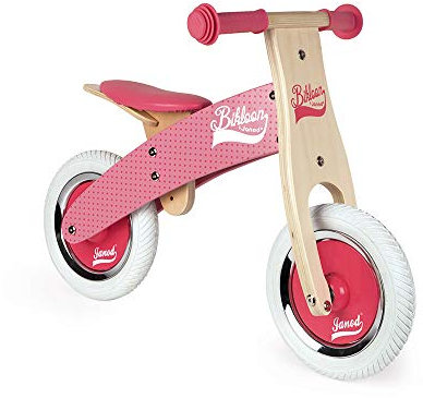 Janod - My First Balance Bike Little Bikloon - Wooden Kids Bike - Vintage Look - Balance and Autonomy Training - Adjustable Saddle and Inflatable Tyres - Colour Pink - From Age 2