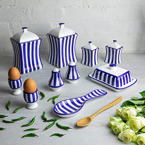 City to Cottage® - Keramik Geschirr Set 10-teilig | Blau-Weiß gestreift | Handgemacht | Behälter Küche, Butterdose, Eierbecher, Salzstreuer und Pfefferstreuer, Löffelablage