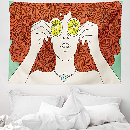 ABAKUHAUS Retro Wandteppich, Curly Ginger Haar-Mädchen-Zitrone aus Weiches Mikrofaser Stoff Waschbar ohne Verblassen Digitaldruck, 150 x 110 cm, Orange Gelb