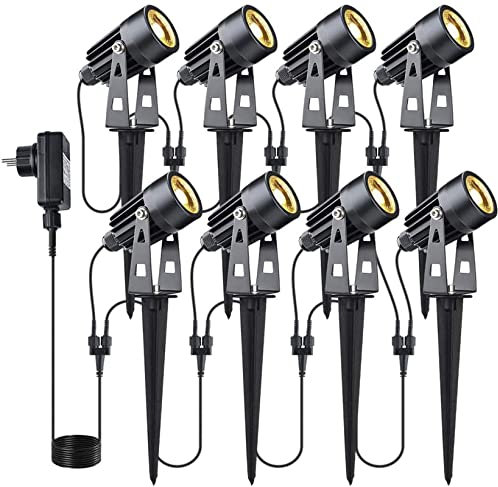 GEEDIAR Gartenleuchte, 8 Stücke Gartenstrahler Warmweiß COB LED Gartenleuchten mit Erdspieß IP65 Wasserdicht LED Gartenstrahler mit Stecker für Außen Garten Rasen