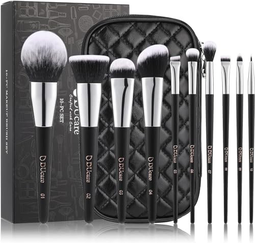 DUcare Make up Pinsel Set 10 Stücke professionelle Schminkpinsel set Mit Kosmetiktasche Premium Synthetic Foundation pinsel Puder Contour Augenpinsel mit Tasche Reisefreundlich 10pcs Schwarz