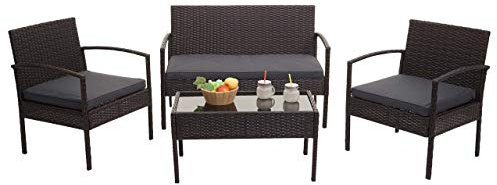 Mendler Poly-Rattan Garnitur HWC-F56, Balkon-/Garten-/Lounge-Set Sitzgruppe - braun, Kissen dunkelgrau