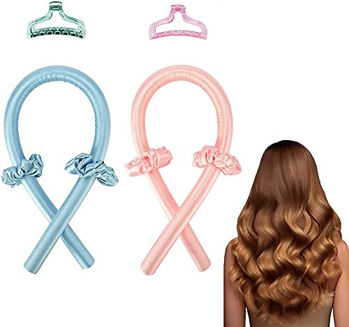 2 Stück Silk Hair Curler, Heatless Curler, Foam Haarschwammrollen Silk Curling Ribbon Set, Welliger Lockenstab für DIY-Styling für Mädchen und Frau, Sleep Styler (Blau + Pink)