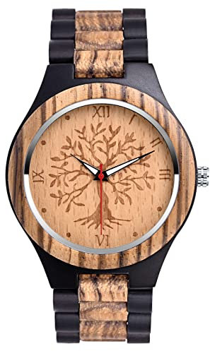 SUPBRO Montre en Bois pour Hommes et Femmes, Naturel Artisanal Mouvement à Quartz Japonais Montres Bracelet réglable en Bois Arbre de Vie
