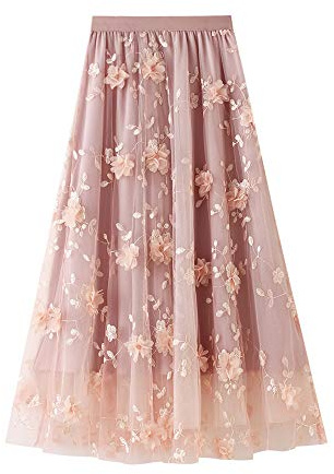 YILEEGOO Women's Tulle Skirt High Waist Tiered Layered Mesh Ballet Prom Party Tulle Tutu A-line Midi Skirt (Pink Embroidery Floral, One Size)