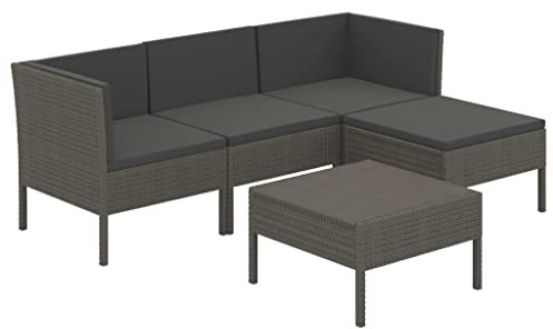 vidaXL Gartenmöbel 5-TLG. mit Auflagen Tisch Fußhocker Mittelsofa Ecksofa Sitzgruppe Lounge Sofa Garten Garnitur Gartenset Gartensofa Poly Rattan Grau