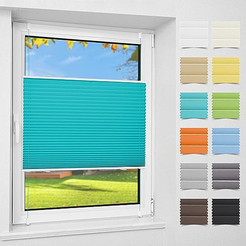 Atlaz Plissee Klemmfix ohne Bohren, 90x120cm(BxH), Türkis, Plisseerollo Fensterrollo mit Klemmträger, Faltrollo Jalousie für Fenster und Tür, Blickdicht, Sichtschutz und Sonnenschutz