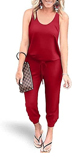 YUNDAI Womens Jumpsuits One Piece Casual Off Shoulder Playsuit Sleeveless Overalls Elastic Waist Stretchy Romper with Pockets Medium,Wine Red