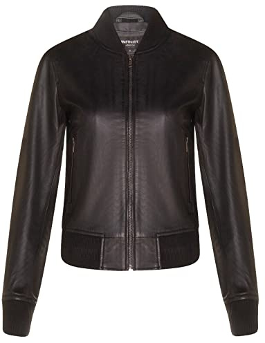Ladies Black Leather Bomber Jacket Genuine Leather MA-1 Varsity Retro M