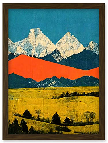 Wee Blue Coo Winter Mountains Landscape Modern Papercut Blue Orange Mustard Artwork Framed Wall Art Print A4