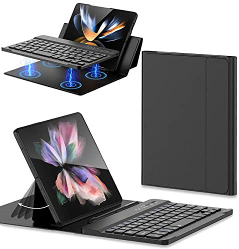 Leather Case for Samsung Z Fold 4 with Keyboard Holster, Portable Folding Bluetooth Keyboard, QWERTY Layout, Kickstand Keyboard Cover for Z Fold 3/Fold 2 (Black-01)