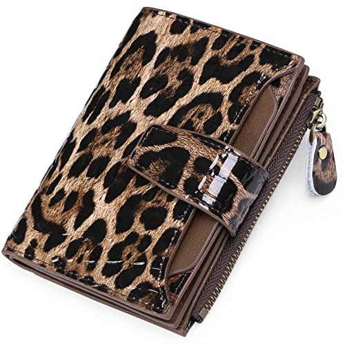 GOIACII Kleine Damen-Geldbörse, echtes Leder, RFID-blockierend, doppelter Reißverschluss, Kartenhalter mit Ausweisfenster, A04 Leopardenmuster, Schwarz, small, Retro