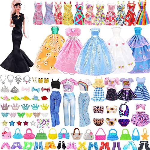 77 Stück Kleidung & Zubehör für Puppen, Kleidungsstücke für Puppen mit Brautkleider Abendkleider Kleider Tops Hosen Bikinis Kurze Kleider Schuhe Taschen Zubehör für Puppen Mädchen 11,5 Zoll