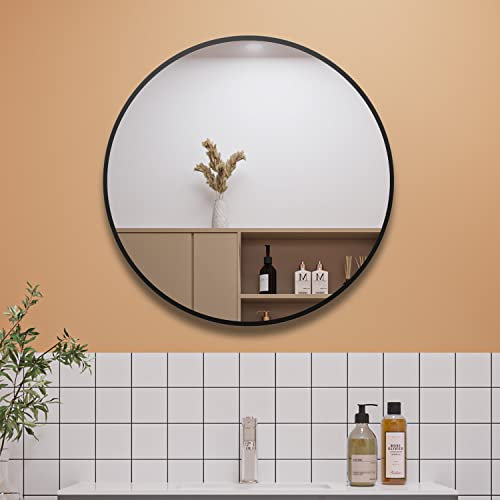 Aica Sanitär Spiegel Rund 50 cm Schwarz mit Aluminiumrahmen Wandspiegel klein HD Glas für Badezimmer, Flur, Wohnzimmer, Gäste WC, Ankleidezimmer Schminkspiegel