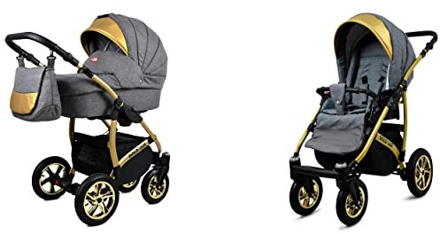 BabyLux Gold Lux 2-in-1 Baby Kinderwagen Tief und Kinderwagen mit Zubehör Verstellbar und faltbar Aluminium Konstruktion Wasserdicht Nicht abnehmbare Räder Flaxen Gold Frame