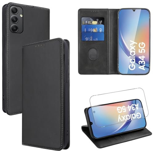 Vauki Funda Cuero para Samsung Galaxy A34 5G con 1 Cristal Templado Carcasa PU Tipo Cartera Soporte Tarjetas Case Ranuras Soporte Plegable Tapa Libro Movil Flip Caso para Samsung A34 5G 6.6, Negro