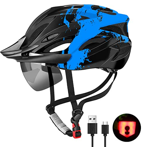 Bike Helmet with USB Rechargeable LED Light Detachable Goggles and Sun Visor, Mountain & Road Bicycle Helmets for Men Women Adult Cycling Helmets (Blue)