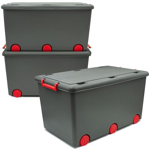 Babykajo 3 Aufbewahrungsboxen mit Deckel und Rollen 50L - Stapelboxen mit Deckel undurchsichtig - Plastikbox mit Deckel zum verschließen- Kisten Aufbewahrung mit Deckel