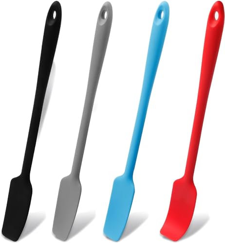 Lot de 4 spatules en silicone résistant à la chaleur pour une utilisation en cuisine, longue spatule en caoutchouc antiadhésive pour la cuisson de gâteaux, grattoirs de cuisine (noir, gris, bleu,