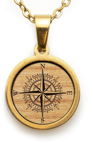 treeforce Edelstahl Halskette in Gold und Silber mit Holzemblem in schwarzem Geschenksetui, unisex (Kompass, Gold)