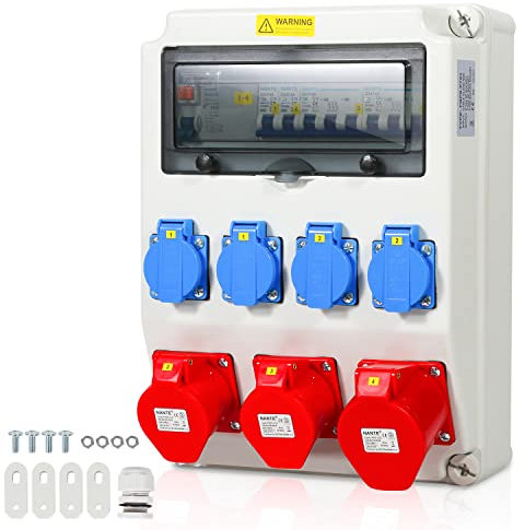 Peviasot Baustromverteiler, Wandverteiler mit FI Schalter LS Schalter, 4xSchuko-Steckdose und CEE-Steckdose 16/32A Stromverteiler, 5 Polig, Stromverteilung für Baustelle Innen Außen